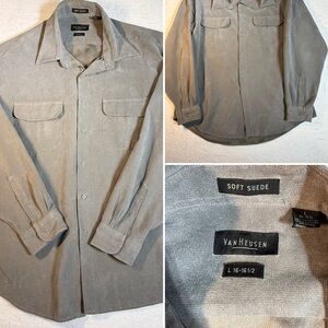 Van Heusen Soft Suede Button Down Shirt Mens Large Gray 16 - 16.5 Flap Pockets